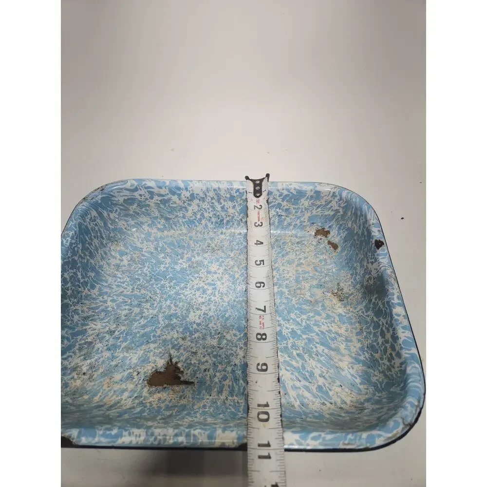 Vintage Blue White Swirl Enamelware Roasting Pan Graniteware Farmhouse Baking Tr